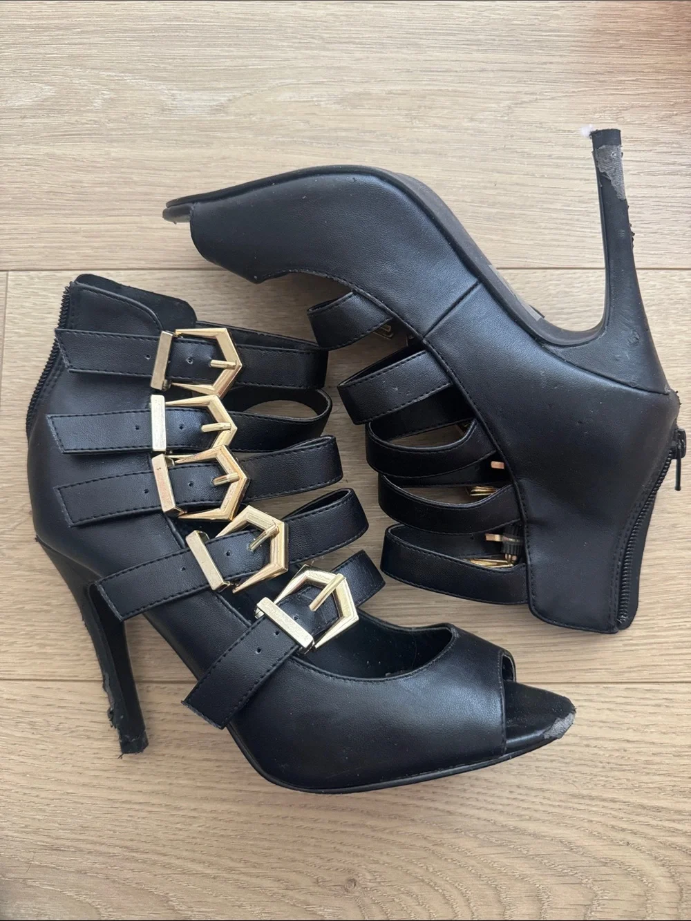 Forever 21 Black Strappy Peep-Toe Heels with Gold Buckle Accents